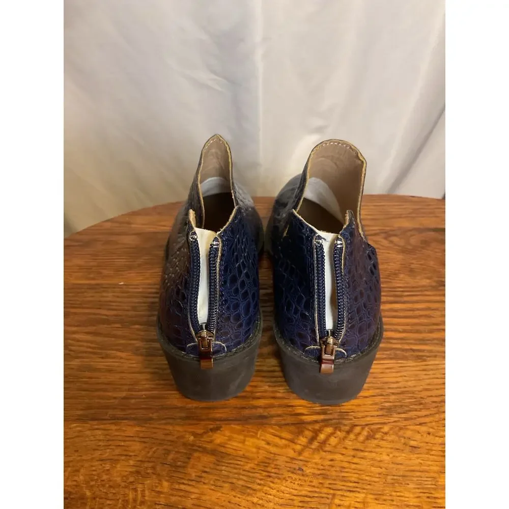 Women’s Navy Blue Croc Embossed Patent Ankle Booties US Size 7.5 EU 38 Back Zip